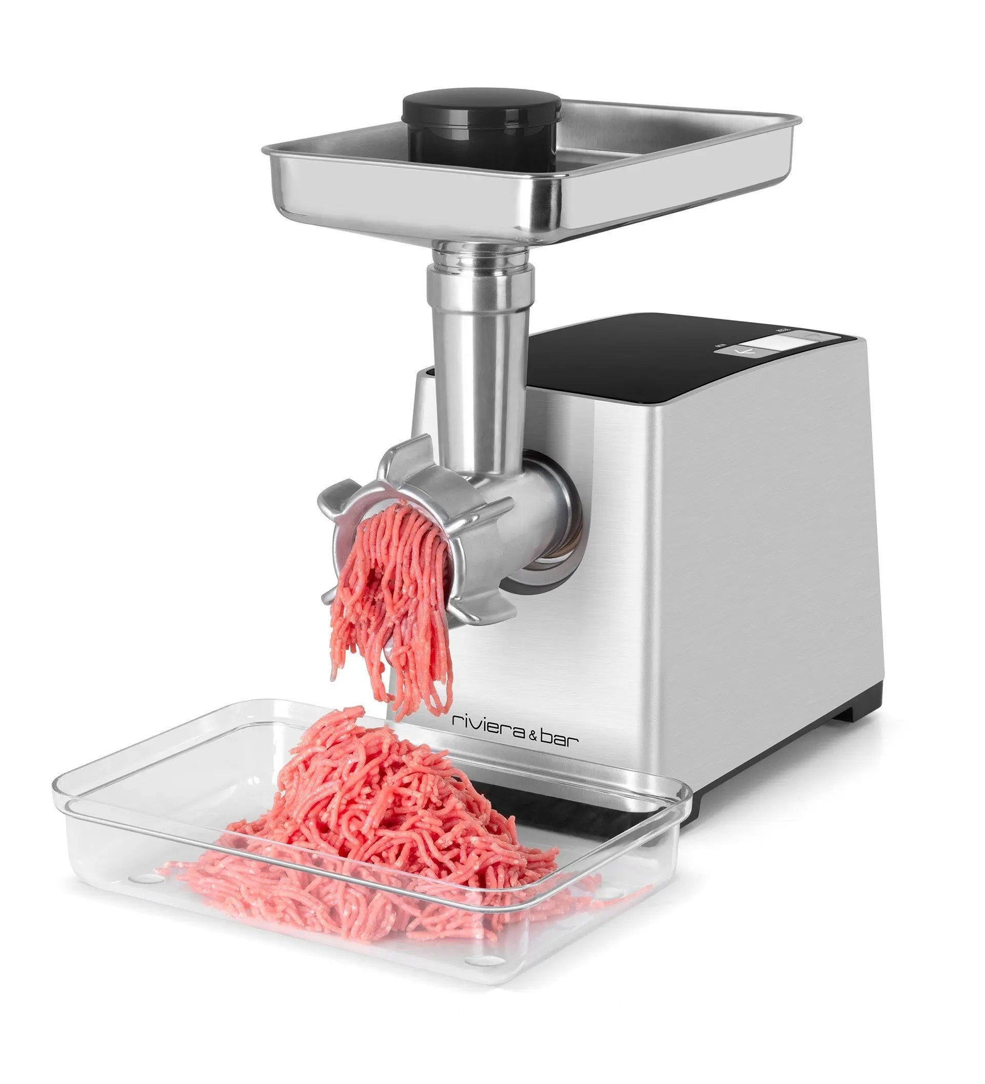 Vleesmolen van metaal en zwart plastic.