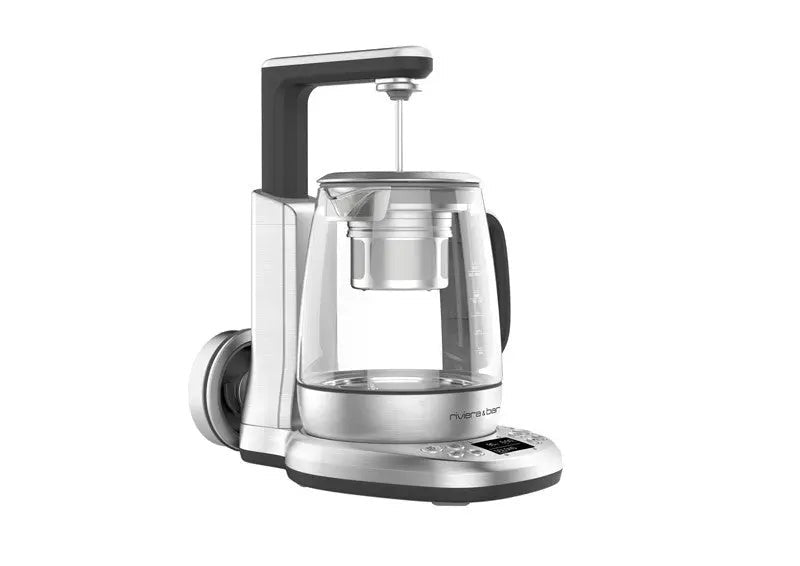 Zilveren en zwarte elektrische theepot.