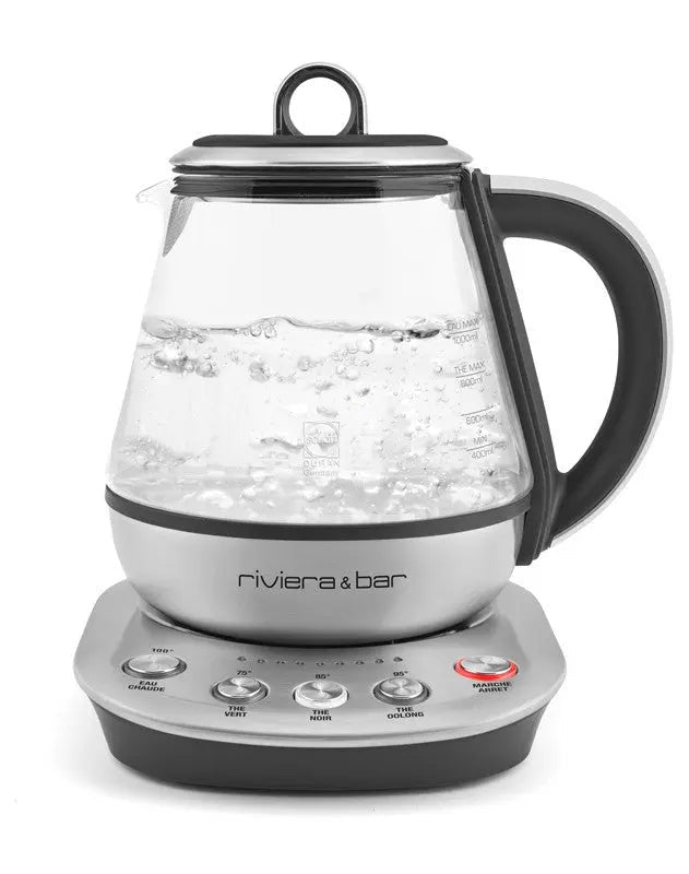 Elektrische waterkoker van glas en roestvrij staal.