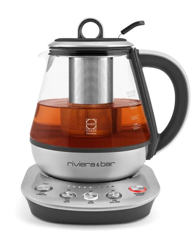 Elektrische theepot van glas en roestvrij staal.