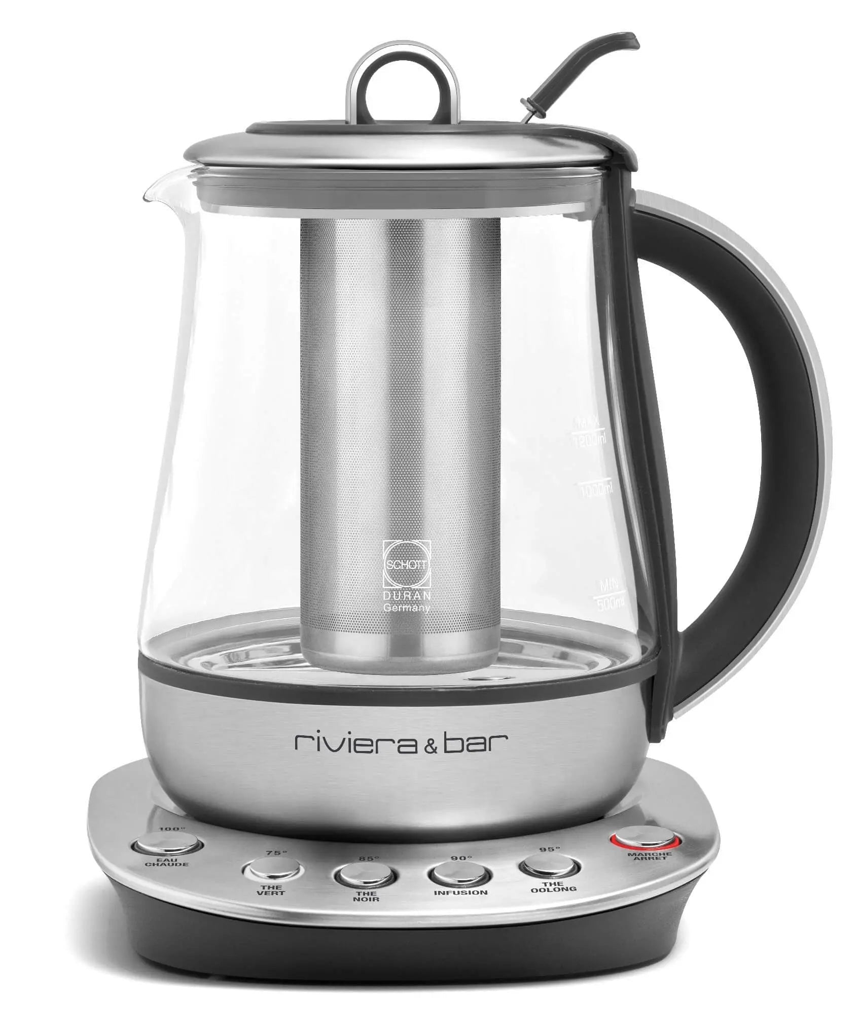 Elektrische theepot van glas en roestvrij staal met infuser.