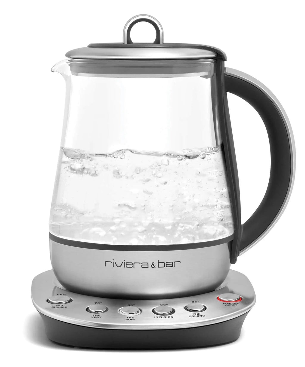 Elektrische waterkoker van glas en roestvrij staal van Riviera & Bar met temperatuurregelaar.