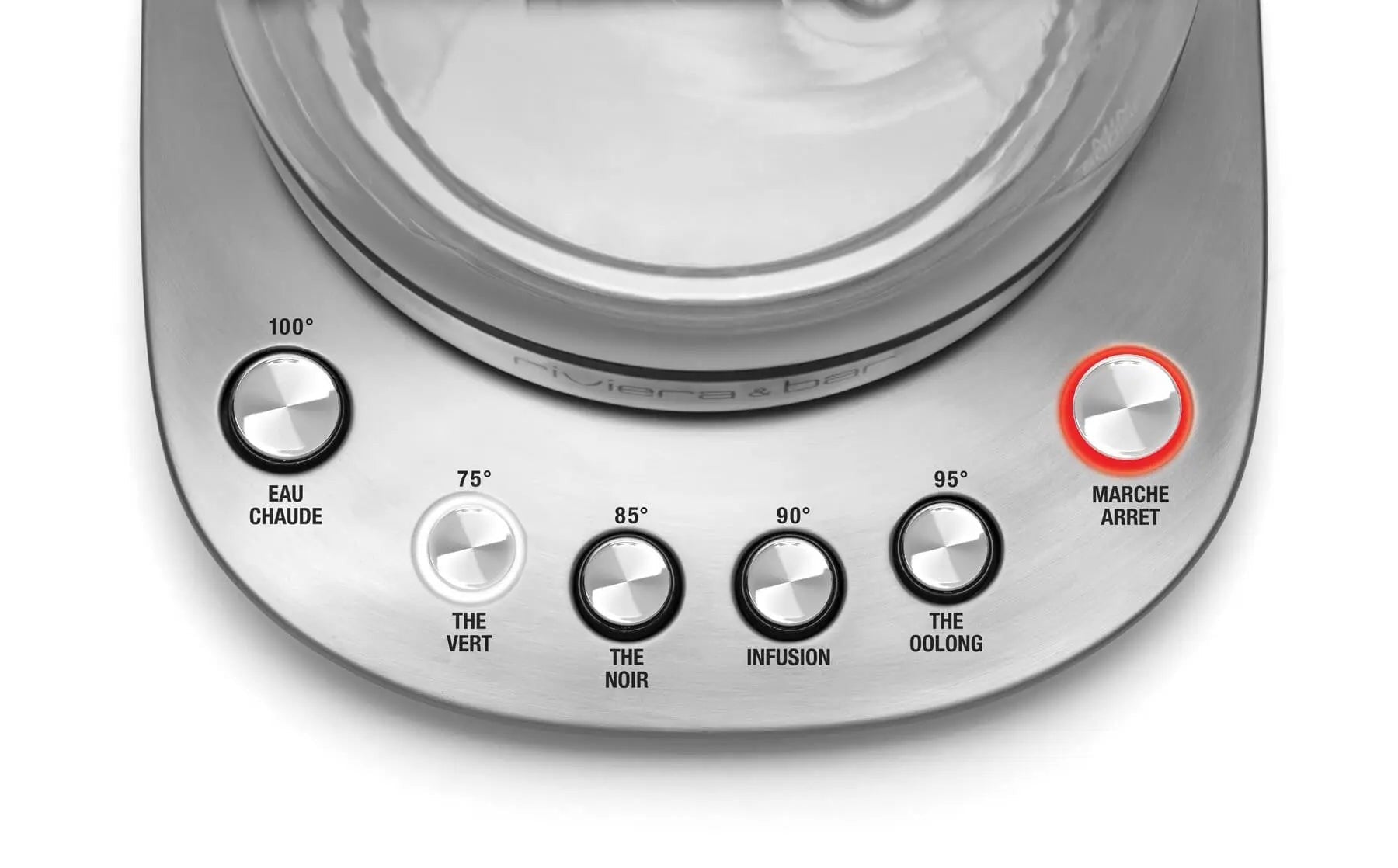 Close-up van het bedieningspaneel van een roestvrijstalen waterkoker.