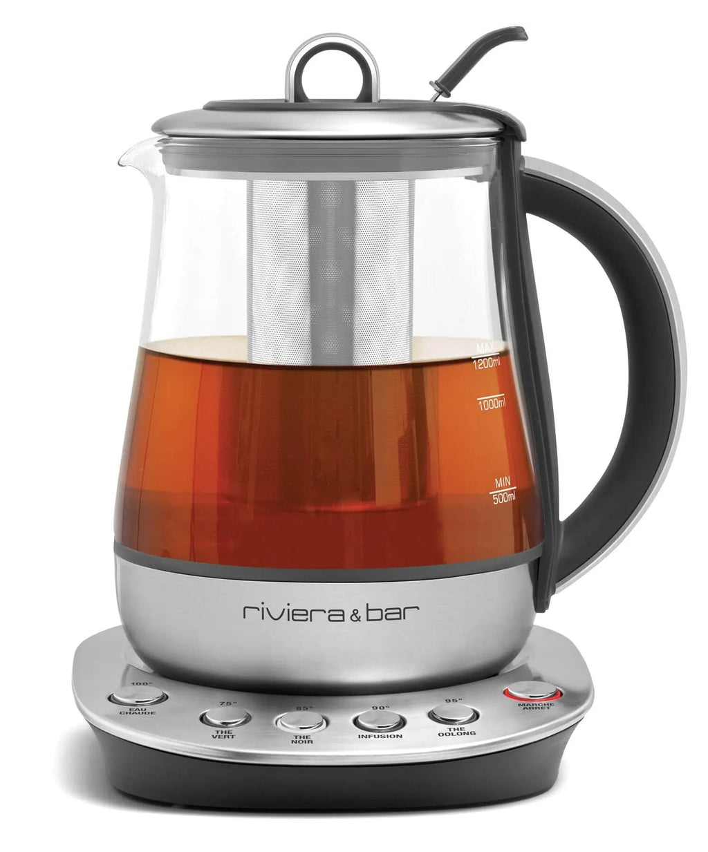 Elektrische theepot Riviera & Bar, vervaardigd uit glas en metaal.