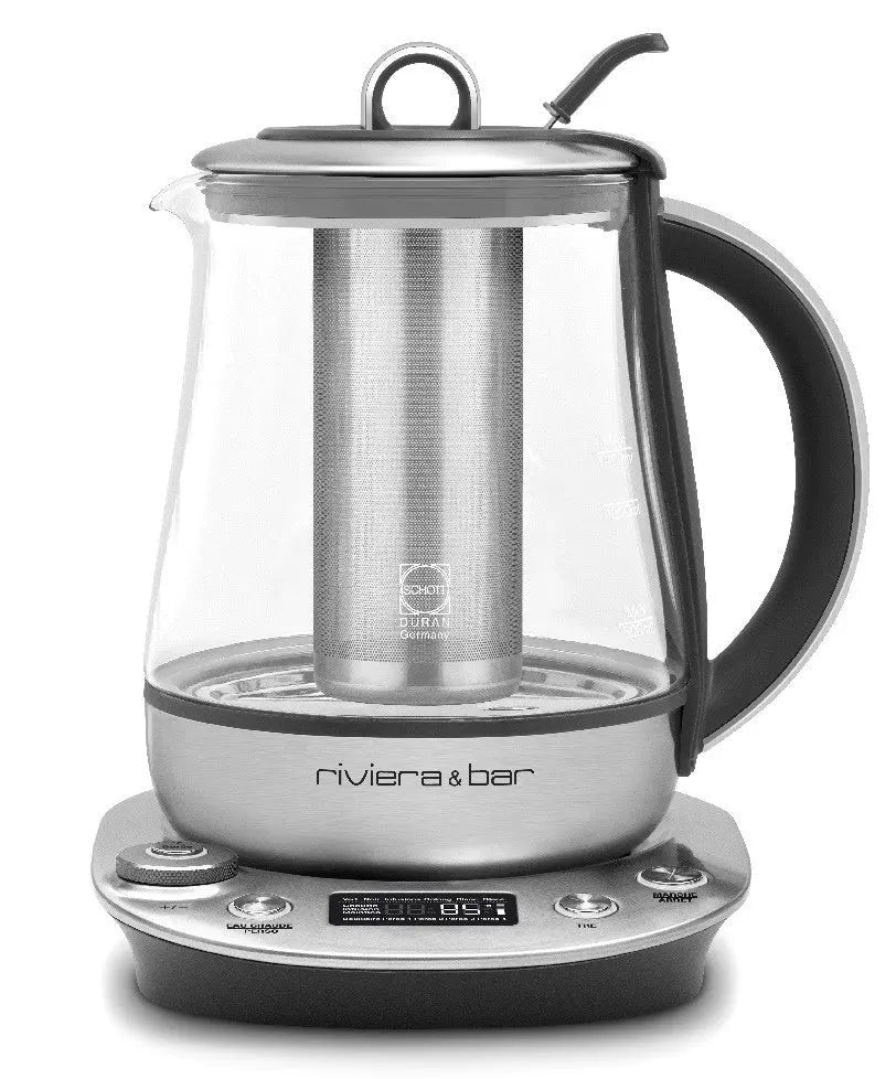 Elektrische theepot van Riviera & Bar, vervaardigd uit glas en roestvrij staal.