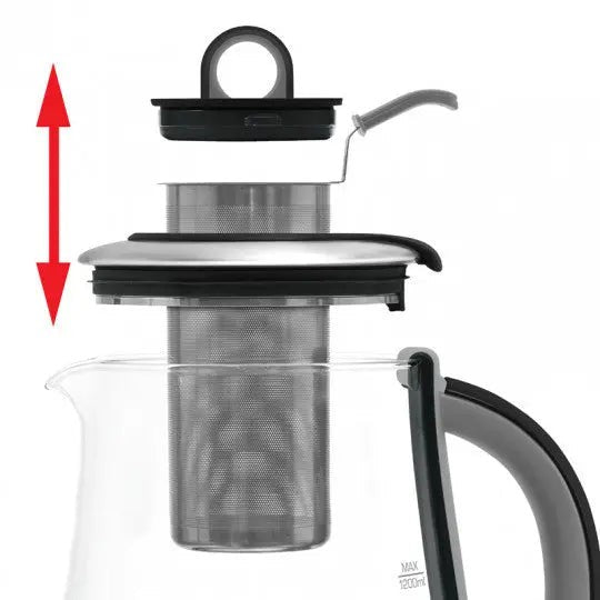 Theepot met infuser, afneembaar deksel, rode richtingspijl.