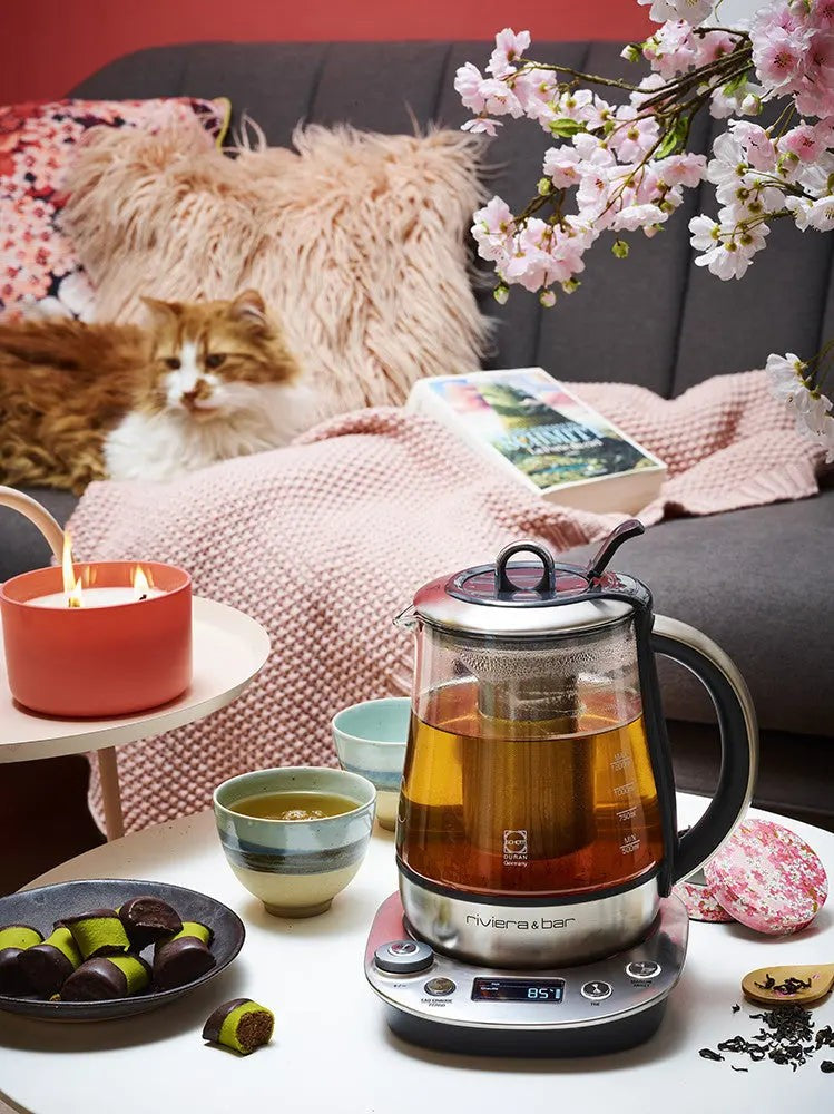 Comfortabel stilleven met theepot, theekopje, kaars, snoepjes en kat op een bank.