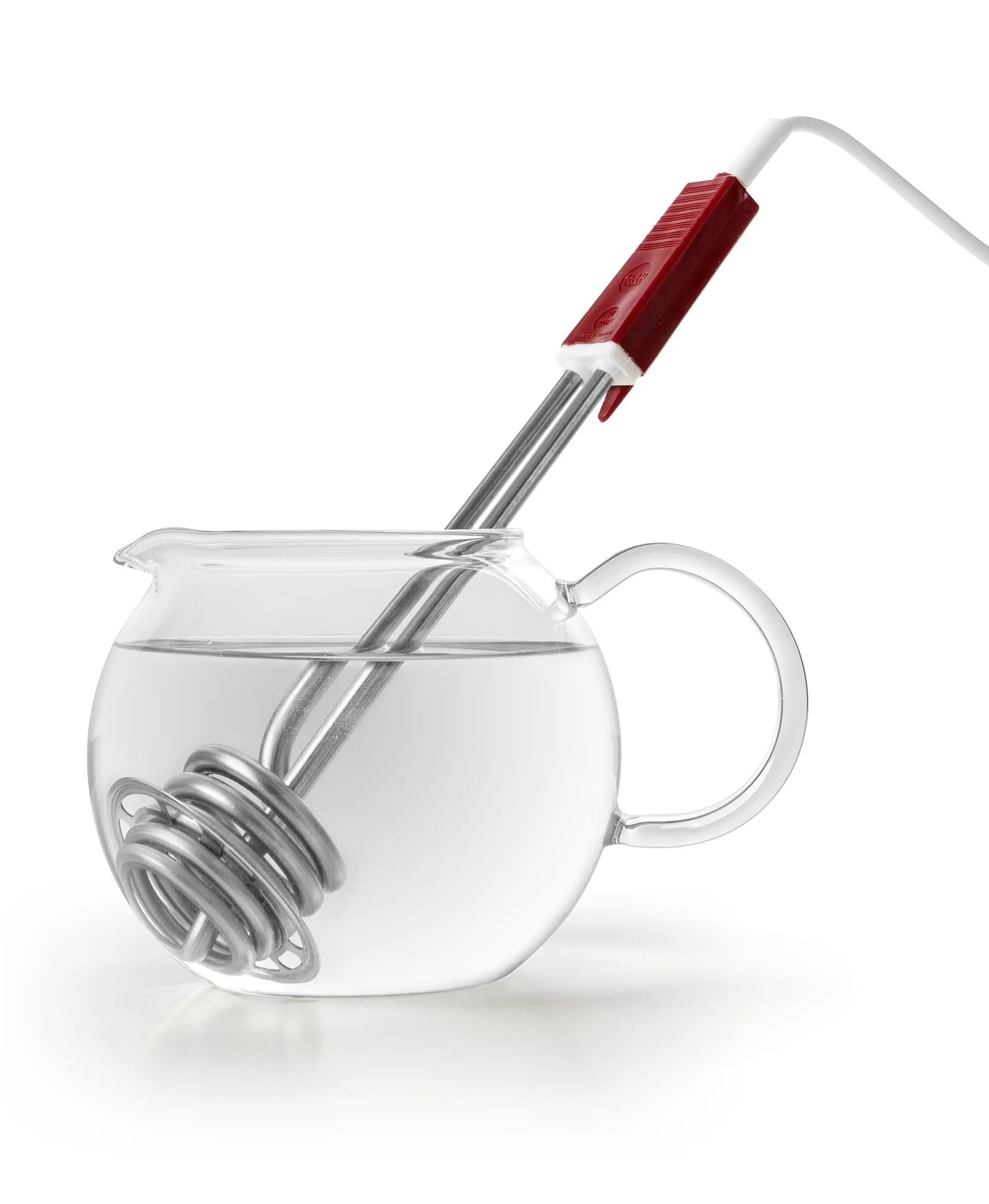 Glazen theepot met dompelaar.