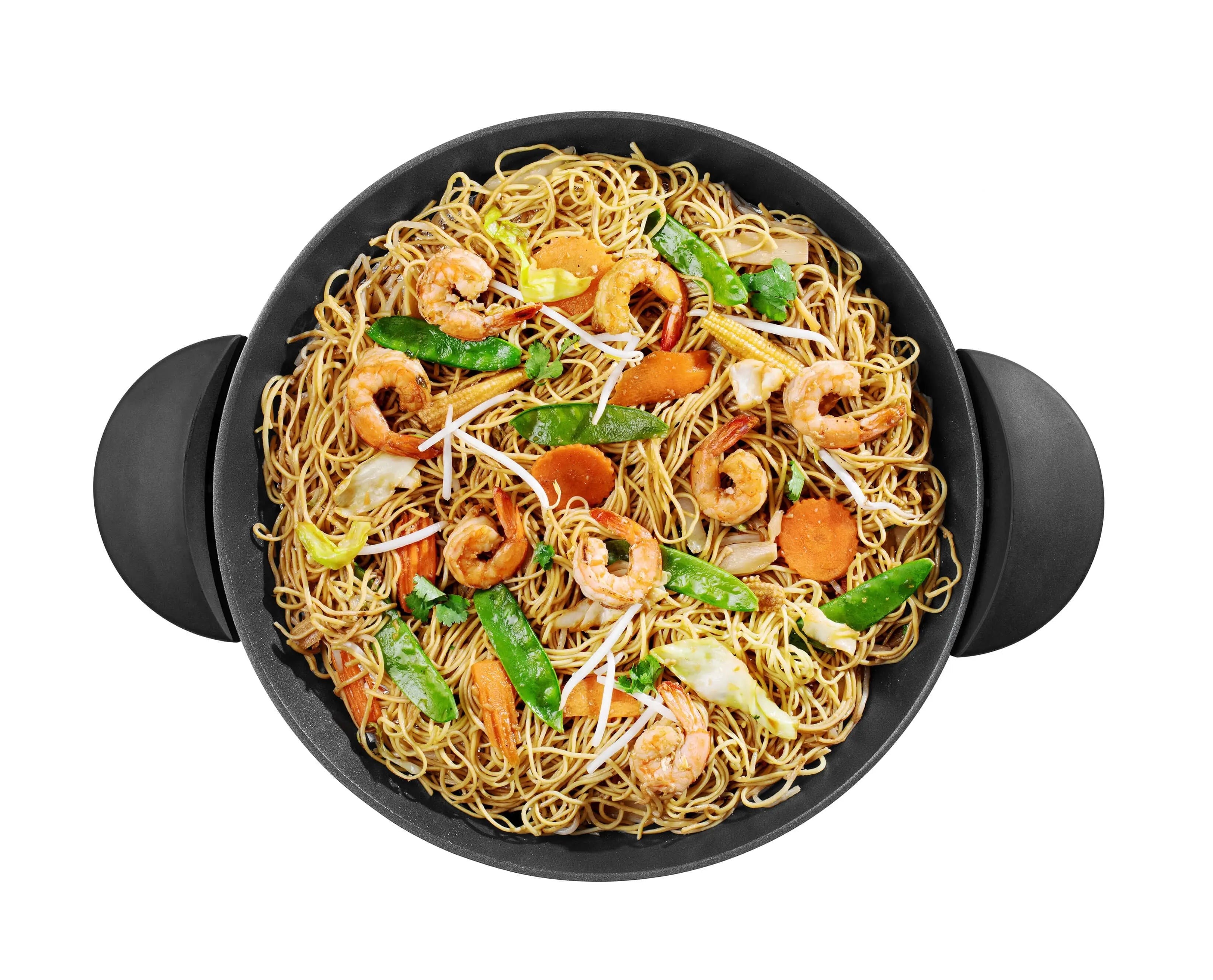 Gebakken noedels met garnalen.
