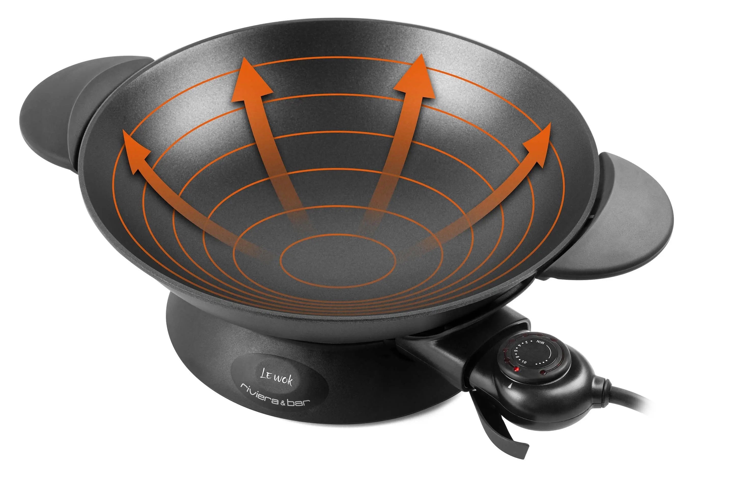 Zwarte elektrische wok met oranje hittepijlen.